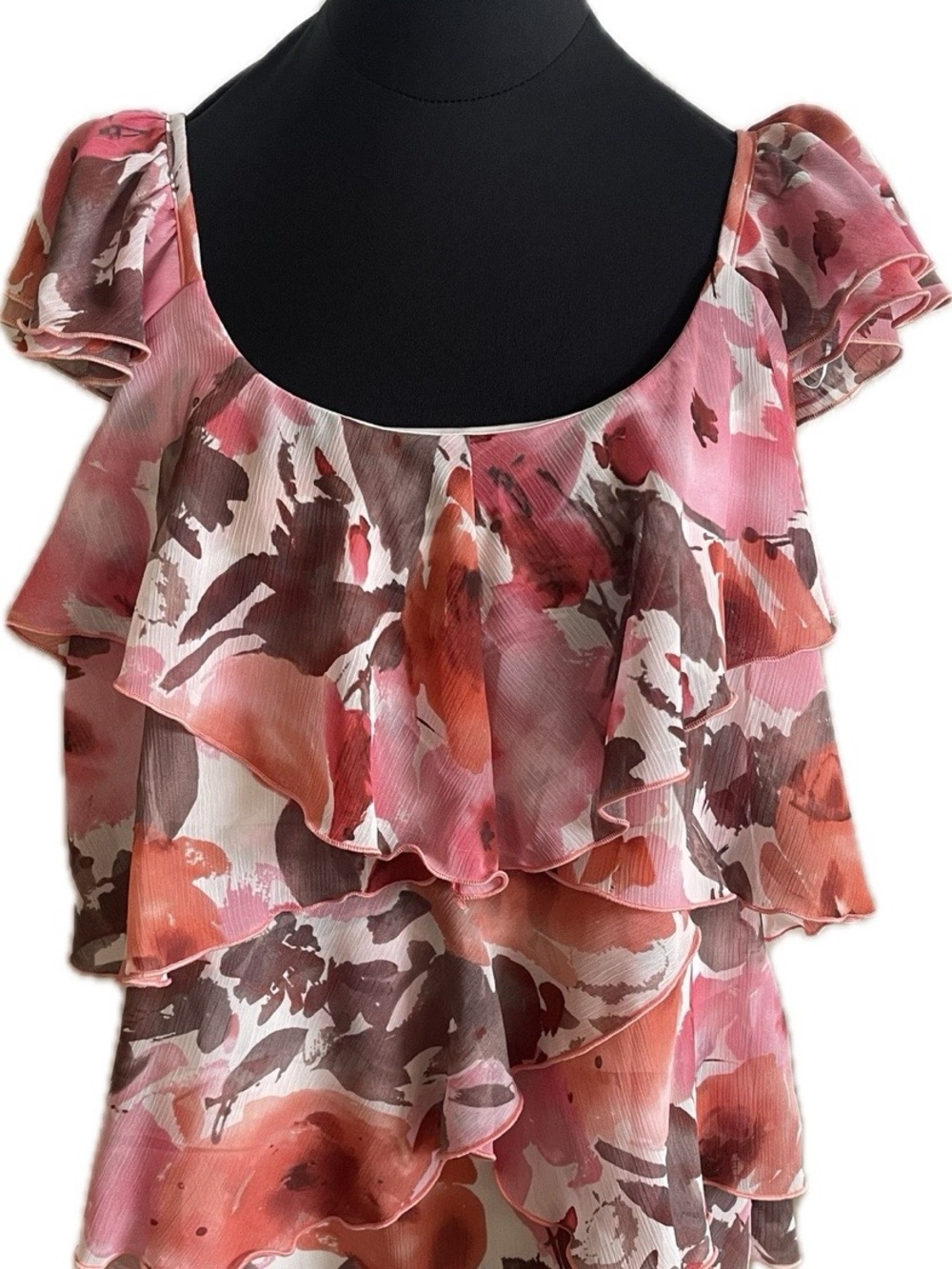 AGB Pink Brown Floral Ruffle Tiered Scoop Neck Blouse